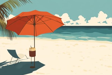 Tropical beach scene with red umbrella and relaxing chair