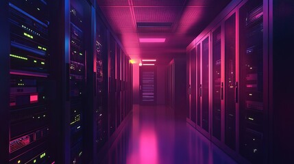 Fototapeta premium Neon Lit Server Room Corridor Digital Art Modern Technology Data Center Pink Purple Network Infrastructure Servers Technology Background Futuristic Digital Illustration 