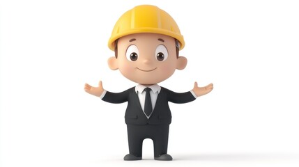 A cheerful cartoon character in a suit and hard hat welcoming with open arms for construction