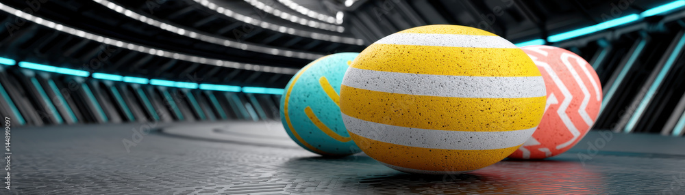 Poster easter eggs with neon colors and futuristic patterns placed on textured surface in modern setting cr