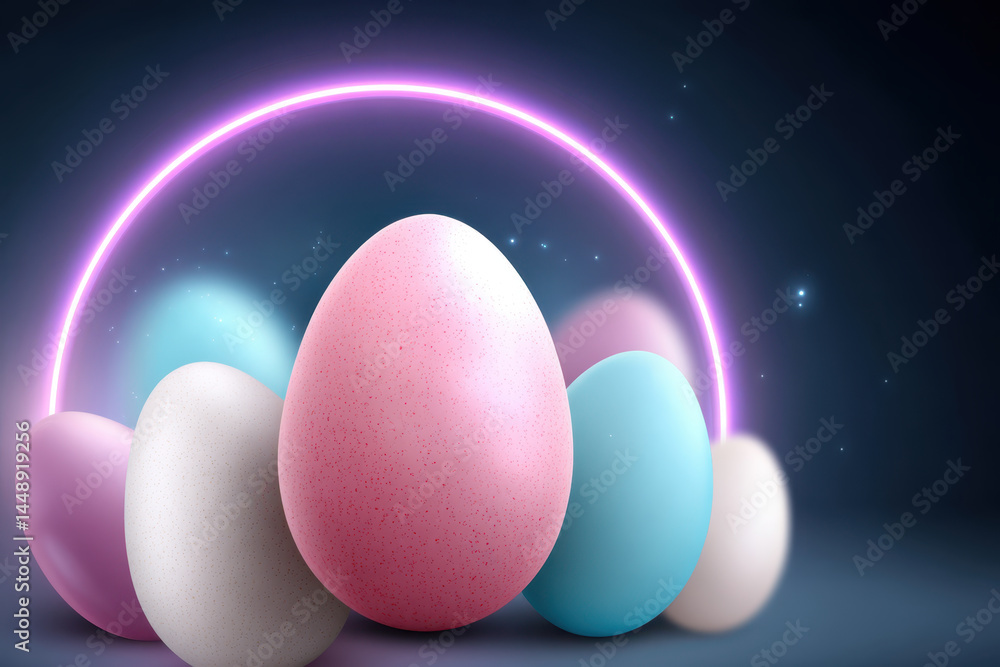 Poster easter eggs glow with neon light in futuristic setting creating magical and colorful atmosphere for 