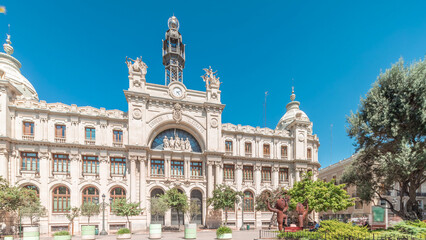 Naklejka premium Historic Post Office in Valencia timelapse panorama at City Hall Square. Spain