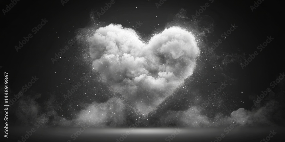 Poster abstract heart shape formed from white clouds on dark gray background in ethereal style with glowing