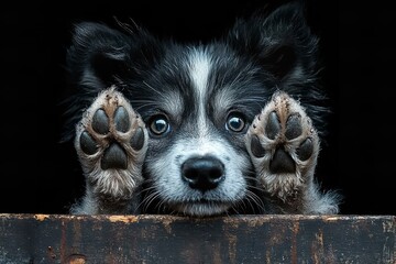 Black and White Dog Raising Paws with Surprised Expression

