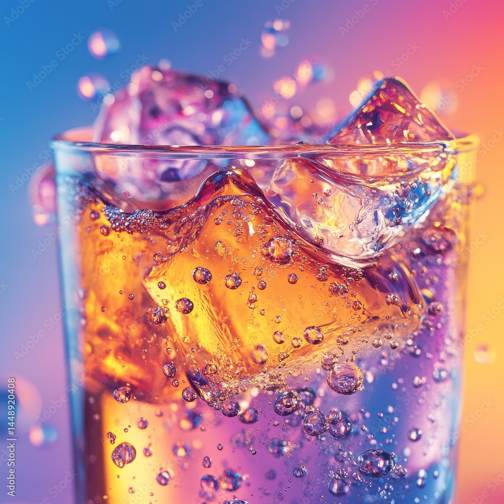 Poster close up of a glass full of refreshing soda and ice cubes illuminated by multicolored lightings