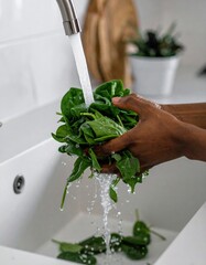 African adult washing fresh spinach leaves under kitchen faucet