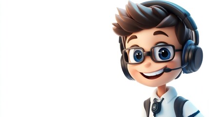 A cheerful animated character wearing headphones and glasses perfect for gaming customer serv
