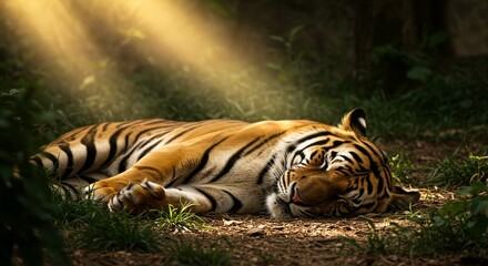 Majestic Tiger Sleeping Peacefully in Sunlit Forest Habitat
