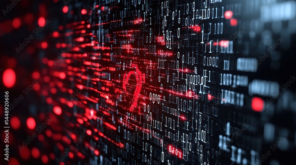 Poster cybersecurity threat: data breach warning in binary code