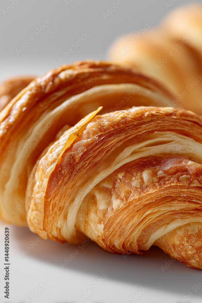 Poster croissant displays delicate flaky texture in minimalist setting emphasizing its golden layers. brigh