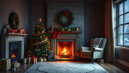 Christmas room with fireplace, an armchair and a Christmas tree with gifts, realistic. with white shades