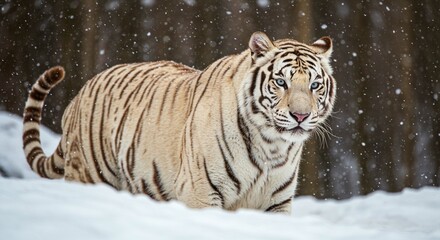 Fototapeta premium Majestic White Tiger in Winter Wonderland Snow Falling Stunning Stripes Wildlife Photography