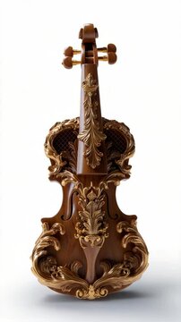 Close-up of a brown wooden violin with ornate gold leaf scrollwork and tuning pegs displayed on a white background.