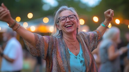 Joyful senior woman with arms outstretched at an outdoor festival, celebrating life surrounded by people and vibrant atmosphere on a sunny day