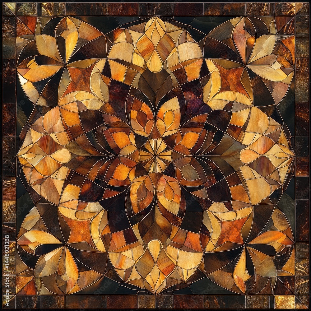 Poster geometric floral pattern in brown and beige tones symmetrical decorative mosaic design with intricat
