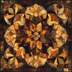 Geometric Floral Pattern in Brown and Beige Tones Symmetrical Decorative Mosaic Design with Intricate Leaf and Square Elements