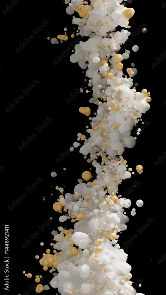 Poster flowing stream of abstract white and gold spheres on a black background creates a dreamy and etherea