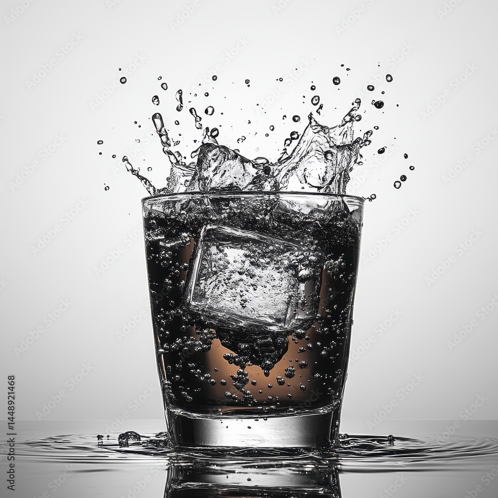 Aufkleber ice cube plunging into glass of water creating dynamic splash on reflective surface in studio with w