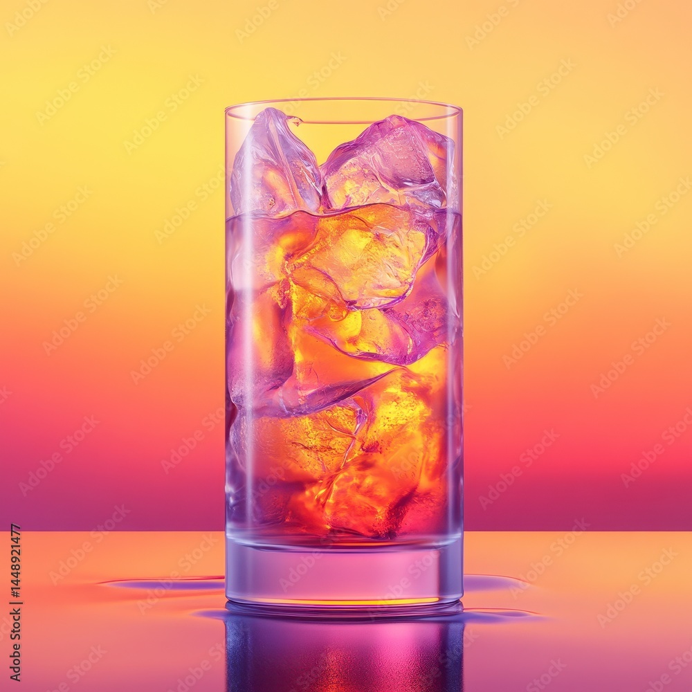 Poster iced drink in clear glass with golden liquid and colorful gradient background for refreshment and su