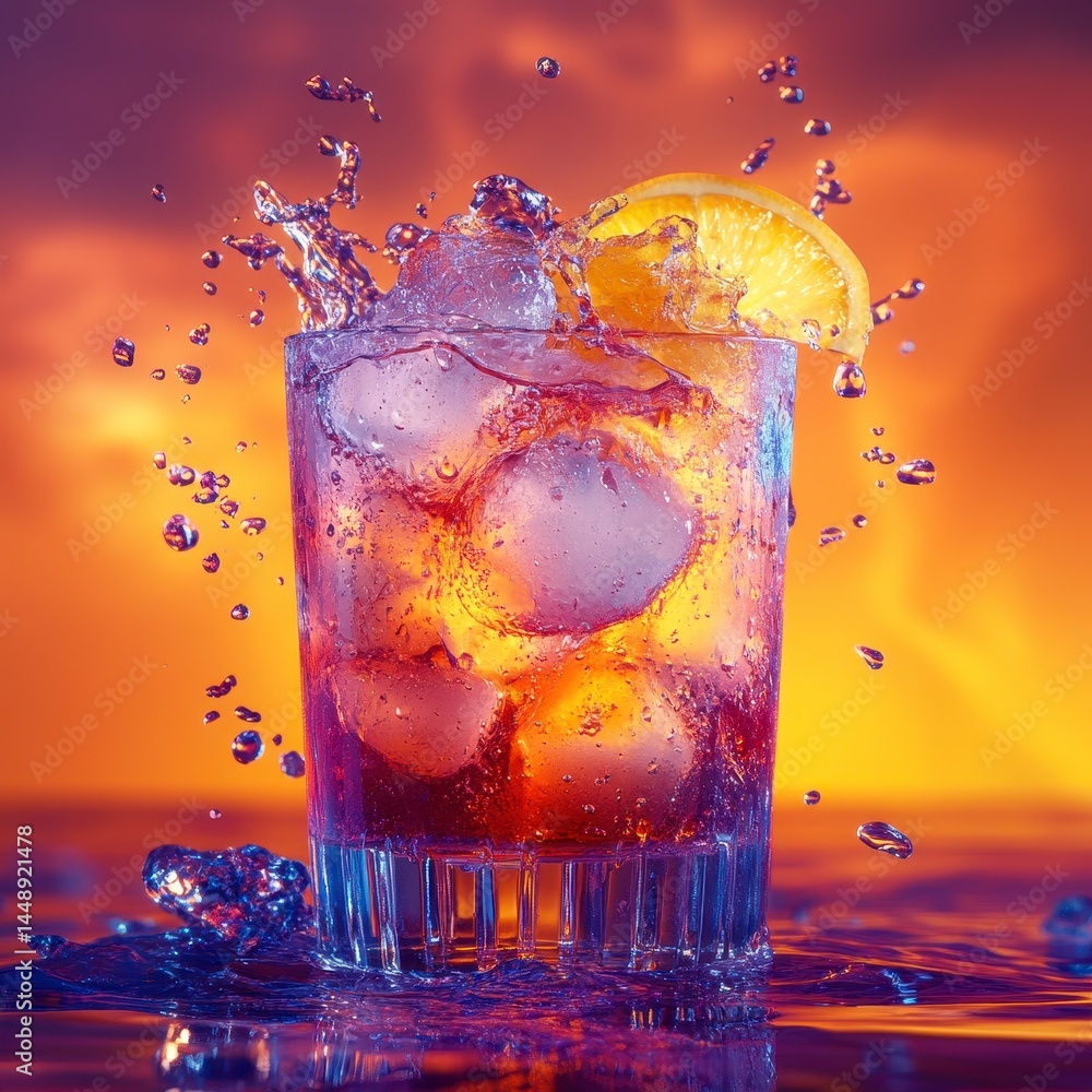 Aufkleber iced cocktail with lemon slice and splashing water against multicolored background illuminated to cr