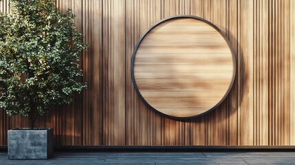 Circular Mockup Signboard on Wooden Wall for Branding and Advertising