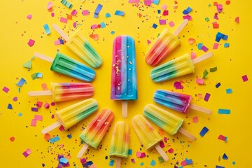 Colorful rainbow popsicles arranged in circular pattern on yellow background