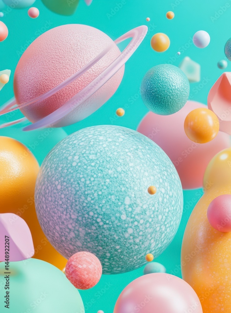 Poster pastel spheres and shapes floating in space with a turquoise backdrop in a sweet abstract arrangemen
