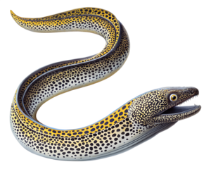 Close up of a snowflake moray eel gracefully swimming against a transparent background