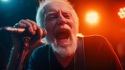 Elderly male singer performing passionately on stage with microphone and colorful concert lighting, symbolizing timeless talent, music, and artistic expression in old age.