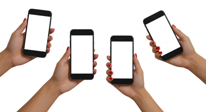 set of various position angles Female hands raising a mobile phone on a transparent PNG background,generative ai