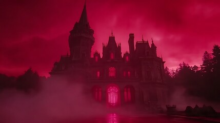 Fototapeta premium Gothic castle silhouette in red mist