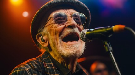Elderly male singer performing passionately on stage with microphone and colorful concert lighting, wearing sunglasses and hat, symbolizing timeless talent, music, and artistic expression in old age.