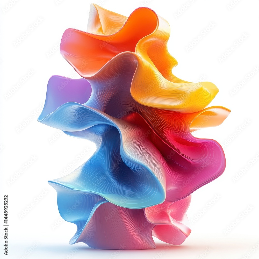 Aufkleber vibrant abstract 3d shape with wavy layers in multicolored gradients on a white background art insta