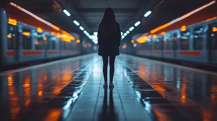 Fototapeta premium Waiting on the Platform Subway Silhouette Nighttime Transportation Journey