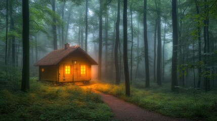 Misty forest cabin illuminated path