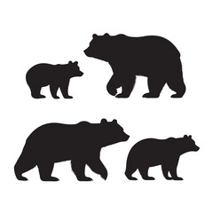 Fototapeta premium Bear family silhouette vector illustration, grizzly bear, black bear, bear cubs, wildlife animal, vector art