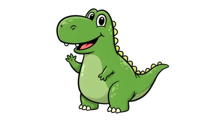 Obraz premium Illustration of a cartoon green dinosaur with a friendly wave on a white background standing up