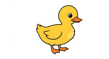 Fototapeta premium Illustration of a yellow duckling with an orange beak and feet on a white background facing right