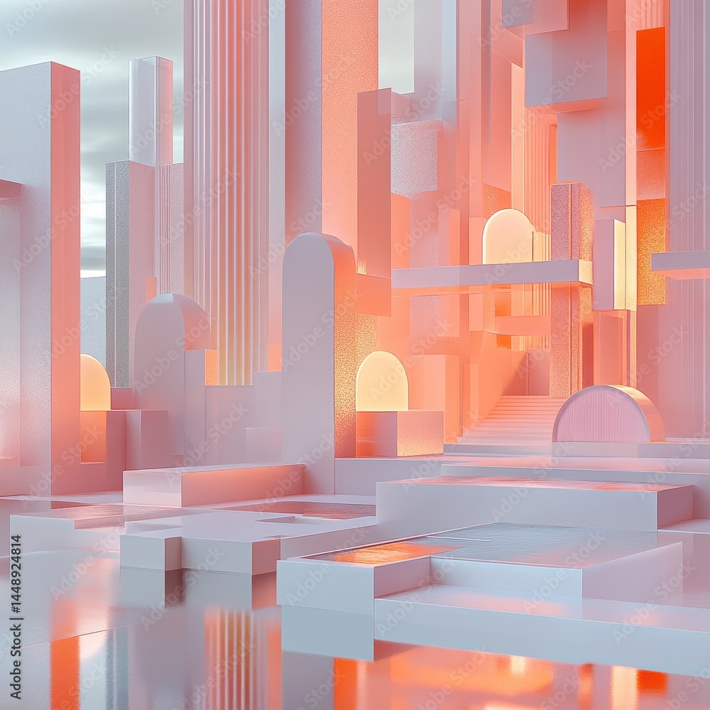 Fototapete abstract geometric cityscape with pastel colors architecture and modern design with artistic renderi