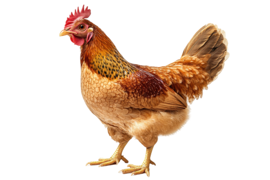 Colorful hen standing on a transparent background, showcasing its unique feather patterns and lively pose in a natural rural setting