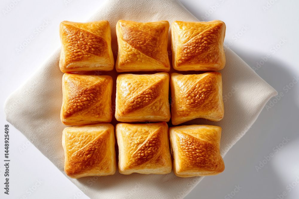 Poster minimalist photo of puff pastry squares arranged in a grid pattern atop a soft cloth. bright, clean 