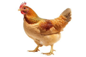 Colorful hen standing on a transparent background, showcasing its unique feather patterns and lively pose in a natural rural setting