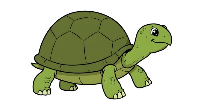 A cartoon drawing of a green turtle with a shell and four legs on a white background image view