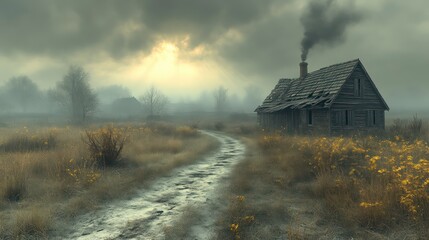 Serene Rural Scene with Foggy Pathway and Cozy Dwelling in a Misty Landscape
