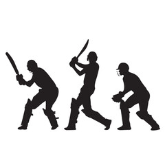Cricket players silhouette vector illustration of batsman wicketkeeper and fielder isolated on white