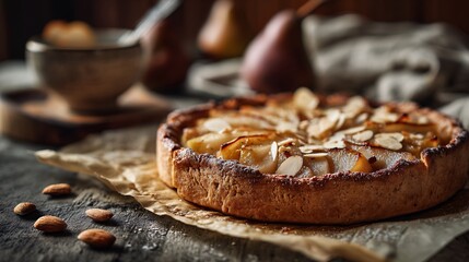 Delightful pear and almond tart, freshly baked and ready to be enjoyed.
