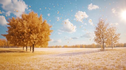 Autumnal Serenity: Golden Trees Under a Light Snowfall