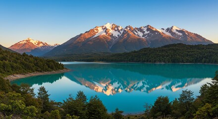 Naklejka premium Serene Mountain Lake: A Breathtaking Panorama of Turquoise Waters and Majestic Peaks