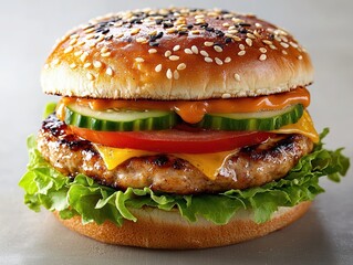 Juicy Grilled Chicken Burger with Sesame Bun and Fresh Vegetables