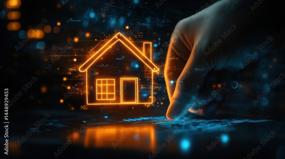 Poster digital home representation with hand interaction and data visualization elements